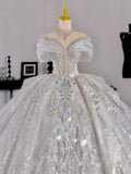 Ball Gown Off The Shoulder Short Sleeves Sequin White Wedding Dresses Brides Dress SD1955