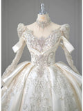 Ball Gown High Neckline Long Sleeves Sequin White Wedding Dresses Brides Dress SD1956