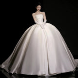 Ball Gown Strapless Sleeveless Satin White Wedding Dresses Brides Dress SD1959