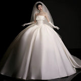 Ball Gown Strapless Sleeveless Satin White Wedding Dresses Brides Dress SD1959