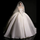 Ball Gown Strapless Sleeveless Satin White Wedding Dresses Brides Dress SD1959