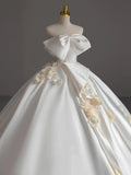 Ball Gown Strapless Sleeveless Satin White Wedding Dresses Brides Dress With Bow SD1960