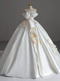 Ball Gown Strapless Sleeveless Satin White Wedding Dresses Brides Dress With Bow SD1960