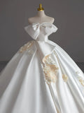 Ball Gown Strapless Sleeveless Satin White Wedding Dresses Brides Dress With Bow SD1960