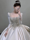 Ball Gown Square Neckline Long Sleeves Sequin White Wedding Dresses Brides Dress SD1962