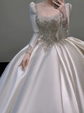 Ball Gown Square Neckline Long Sleeves Sequin White Wedding Dresses Brides Dress SD1962