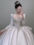 Ball Gown Square Neckline Long Sleeves Sequin White Wedding Dresses Brides Dress SD1962