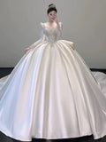 Ball Gown Square Neckline Long Sleeves Sequin White Wedding Dresses Brides Dress SD1962
