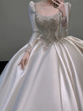 Ball Gown Square Neckline Long Sleeves Sequin White Wedding Dresses Brides Dress SD1962