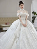 Ball Gown Strapless Neckline Long Sleeves Sequin White Wedding Dresses Brides Dress SD1963