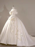 Ball Gown Off The Shoulder Short Sleeves Satin White Wedding Dresses Brides Dress SD1965