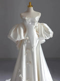 Ball Gown Strapless Short Sleeves Satin White Wedding Dresses Brides Dress SD1967