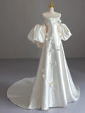 Ball Gown Strapless Short Sleeves Satin White Wedding Dresses Brides Dress SD1967