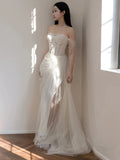 Mermaid Off The Shoulder White Tulle Long Wedding Dresses Bridal Dress SD1975