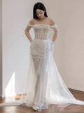 Mermaid Off The Shoulder White Tulle Long Wedding Dresses Bridal Dress SD1975