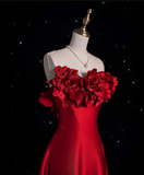 A line Strapless Satin Long Red Prom Dress Evening Dress Formal Dress SD1978