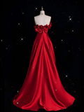 A line Strapless Satin Long Red Prom Dress Evening Dress Formal Dress SD1978