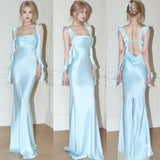 Spaghetti strap Floor-length Sleeveless Light Sky Blue Prom Dresses SD1998