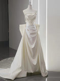 Ivory White Satin Strapless Pleats Bow Wedding Dress SD2002