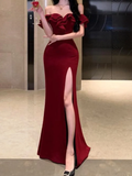 Off The Shoulder Floor-length Burgundy Satin Slit Prom Dresses SD2005