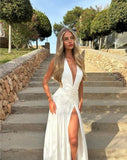 V Neckline Floor-length Sleeveless White Long Prom Dresses SD2006