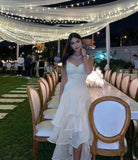 High Low Straps Neckline Sleeveless White Long Prom Dresses SD2007