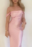 Off The Shoulder Floor-length Satin Pink Evening Dress Prom Dresses SD2013
