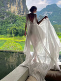 A line V Neckline White Chiffon Long Party Dresses Prom Dress SD2025
