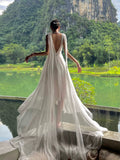 A line V Neckline White Chiffon Long Party Dresses Prom Dress SD2025