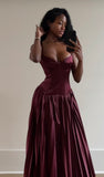 A line Spaghetti Straps Burgundy Long Satin Party Dresses Prom Dress SD2024