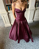 A line Spaghetti Straps Burgundy Long Satin Party Dresses Prom Dress SD2024
