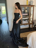 Mermaid Strapless Black Long Organza Party Dresses Prom Dress SD2026