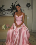 A Line Spaghetti Straps Floor-length Satin Long Pink Evening Dress Prom Dresses SD2033