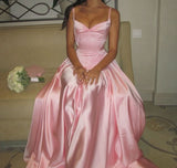 A Line Spaghetti Straps Floor-length Satin Long Pink Evening Dress Prom Dresses SD2033