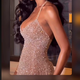 Mermaid Halter Neckline Long Sequin Champagne Party Dresses Prom Dress SD2036