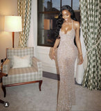 Mermaid Halter Neckline Long Sequin Champagne Party Dresses Prom Dress SD2036