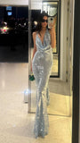 Mermaid Halter Neckline Long Sequin Silver Party Dresses Prom Dress SD2037