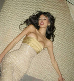 Mermaid Strapless Long Yellow Sequin Satin Party Dresses Prom Dresses HZ0628