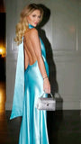 Mermaid Halter Satin Long Party Dresses Blue Backless Prom Dress SD2044