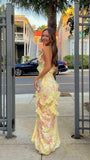 Mermaid Spaghetti Straps Floor Length Floral Yellow Chiffon Evening Dress Prom Dresses HZ0628