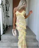 Mermaid Spaghetti Straps Floor Length Floral Yellow Chiffon Evening Dress Prom Dresses HZ0628