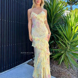 Mermaid Spaghetti Straps Floor Length Floral Yellow Chiffon Evening Dress Prom Dresses HZ0628