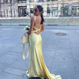 Mermaid Spaghetti Straps Floor Length Yellow Evening Dress Backless Prom Dresses SD2163