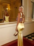 Sheath Square Neckline 2 Pieces Floor-length Satin Long Yellow Evening Dress Prom Dresses HZ0628