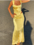 Sheath Square Neckline 2 Pieces Floor-length Satin Long Yellow Evening Dress Prom Dresses HZ0628