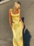 Sheath Square Neckline 2 Pieces Floor-length Satin Long Yellow Evening Dress Prom Dresses HZ0628