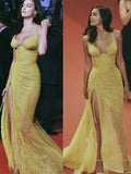 Mermaid Straps Floor-length Sequin Yellow Slit Evening Dress Prom Dresses SD2053