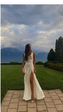 Mermaid Spaghetti Straps Floor-length White Slit Evening Dress Prom Dresses SD2055