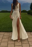 Mermaid Spaghetti Straps Floor-length White Slit Evening Dress Prom Dresses SD2055