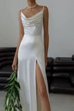 Mermaid Spaghetti Straps Floor-length White Slit Evening Dress Prom Dresses SD2055